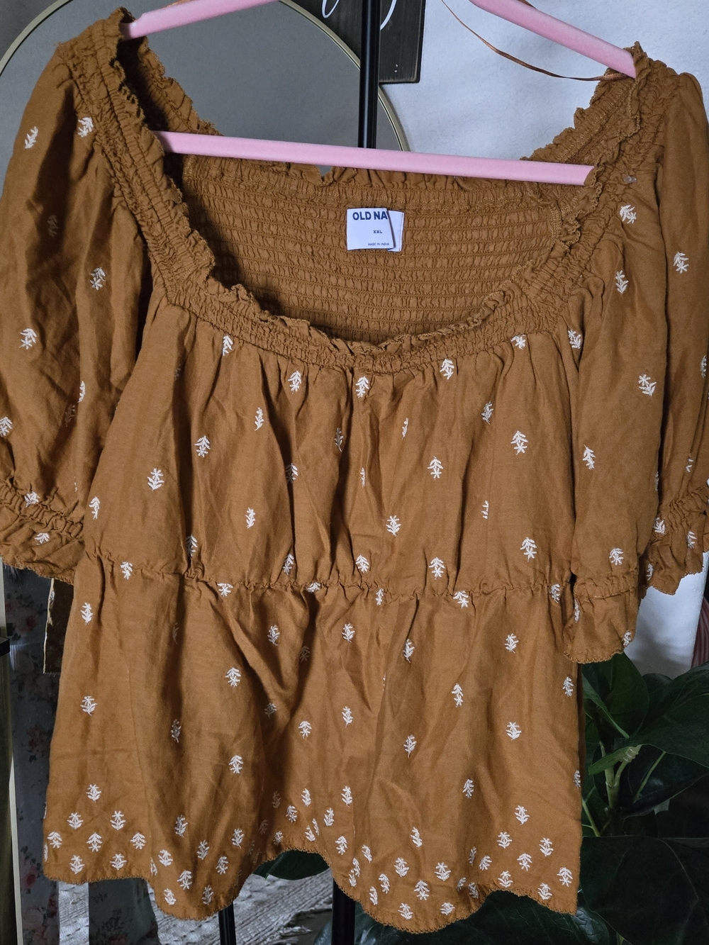 Old Navy Rust Brown Embroidered Smocked Peasant Blouse
